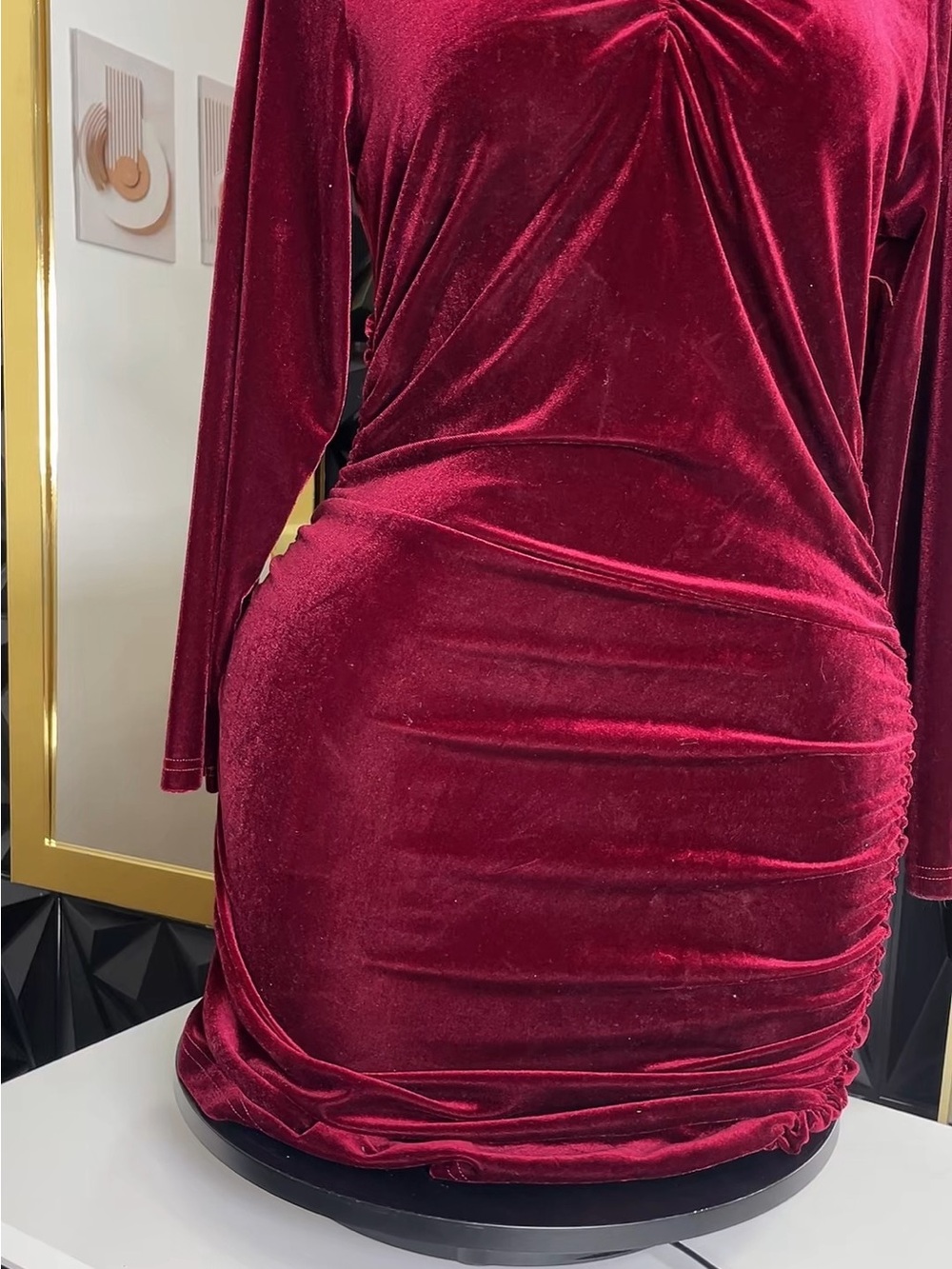 🔥👗SHEIN Burgundy Velvet Ruched Long Sleeve Bodycon Dress